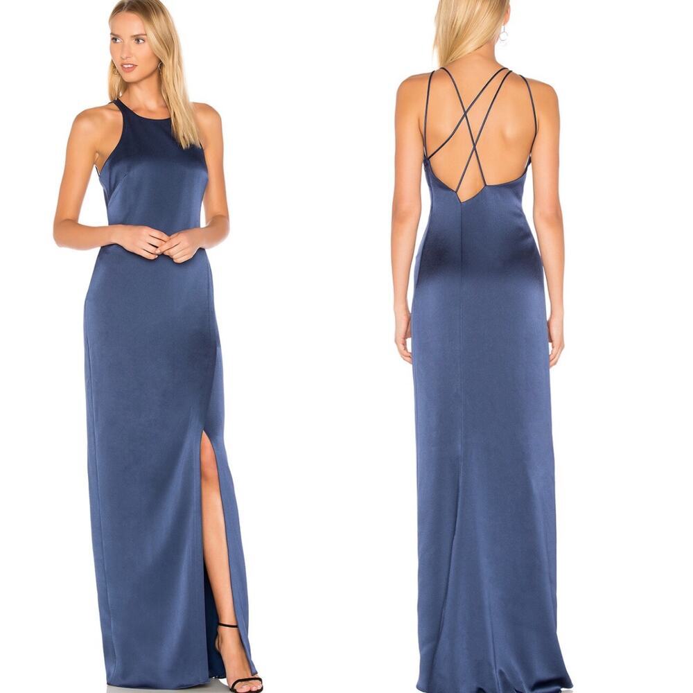 Halston Heritage High Neck Satin Long Gown With Back Drape In Navy Blue Size‎ XS